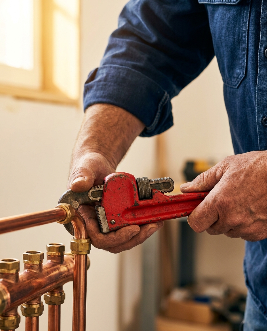 A St. John plumber tightening a copper manifold fitting with a pipe wrench