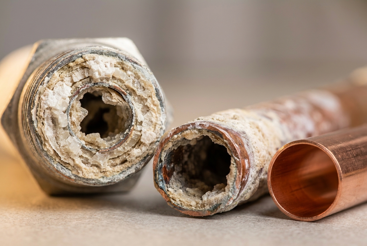Cross-section of pipes clogged with hard-water scale next to a clean copper pipe
