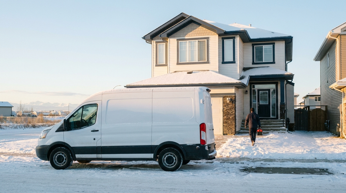 St. John Plumbing service van at a Calgary home on a winter morning